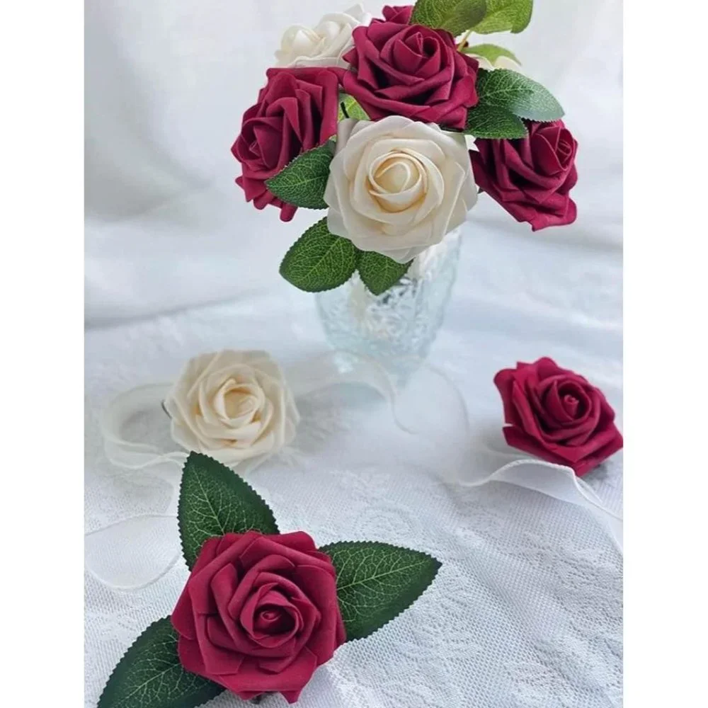 25 Count | Burgundy & Champagne Artificial Flowers Wedding Bouquet Centerpiece